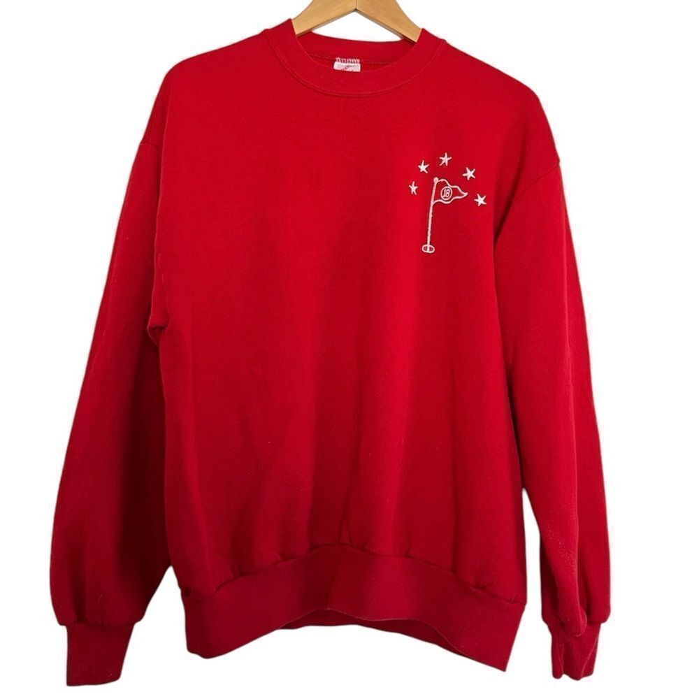Vintage Jerzees Russell Sweatshirt Red Crew Neck Golf 18th Hole Penant Large USA